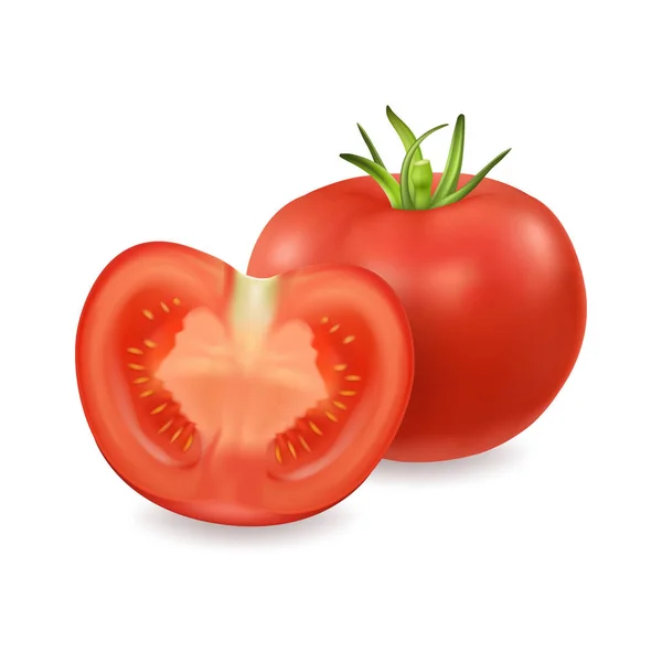 Vector 3d realista ícone de tomate diferente definido close-up isolado no fundo branco. Todo e metade de um tomate. Modelo de design, clipart para gráficos —  Vetores de Stock