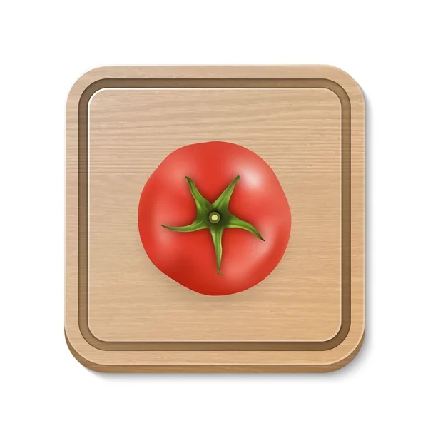 Vector 3d tomate suculento realista em uma placa de corte quadrado. Modelo de design para gráficos, close-up isolado no fundo branco, vista superior —  Vetores de Stock