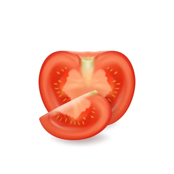 Vector 3d realista suculento tomate closeup isolado no fundo branco. Fatia e quarto de tomate. Modelo de design, clipart para gráficos —  Vetores de Stock
