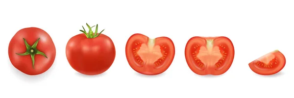 Векторна 3d реалістична інша іконка помідорів, встановлена крупним планом, ізольована на білому тлі. Ціла, чверть, половина помідора і вид зверху. Шаблон дизайну, кліпарт для графіки — стоковий вектор