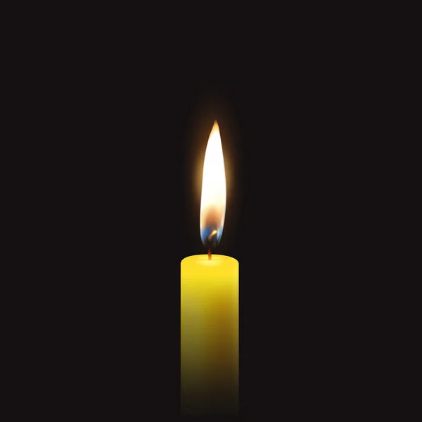 Tarjeta funeraria vectorial con una sola cera de parafina amarilla realista 3d vela ardiente primer plano sobre fondo negro oscuro. Plantilla de diseño para gráficos — Vector de stock