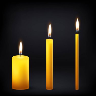 3D gerçekçi farklı turuncu parafin vektör veya parti mum simge kümesi closeup koyu arka plan üzerinde izole yanan balmumu. Kalın, orta ve ince boyutu. Tasarım şablonu, grafik clipart