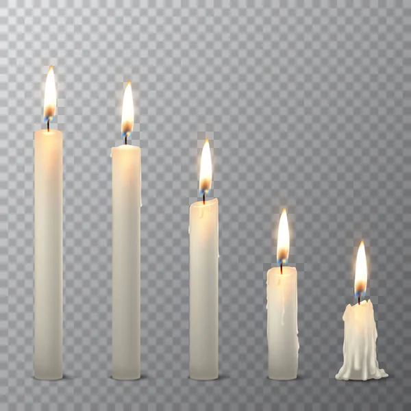 Vektor 3d realistiska olika whiteparaffin eller vax brinnande part ljus Ikonuppsättning närbild isolerade på öppenhet rutnät bakgrund. Hela, smält och candle stubbe. Formgivningsmall, clipart för grafik — Stock vektor