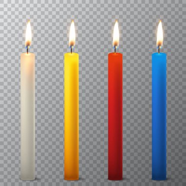 3D gerçekçi farklı parafin veya balmumu izole closeup saydamlık ızgara arka plan üzerinde yanan parti mum Icon set vektör. Beyaz, turuncu, kırmızı, mavi. Tasarım şablonu, grafik clipart