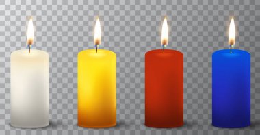 3D gerçekçi farklı parafin veya balmumu izole closeup saydamlık ızgara arka plan üzerinde yanan parti mum Icon set vektör. Beyaz, turuncu, kırmızı, mavi. Tasarım şablonu, grafik clipart