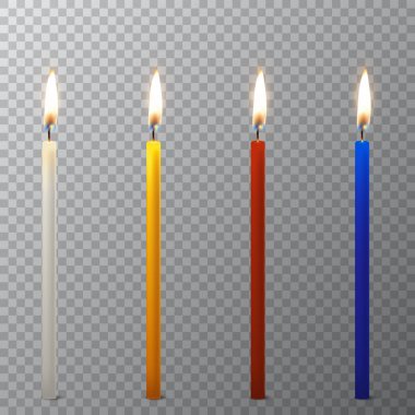 3D gerçekçi farklı parafin veya balmumu izole closeup saydamlık ızgara arka plan üzerinde yanan parti mum Icon set vektör. Beyaz, turuncu, kırmızı, mavi. Tasarım şablonu, grafik clipart