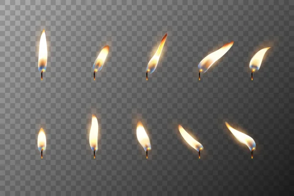Вектор 3d реалистичный разное пламя свечи или спички значок установлен крупным пламенем изолирован на прозрачном фоне сетки. Шаблон дизайна, клипарт для графики — стоковый вектор