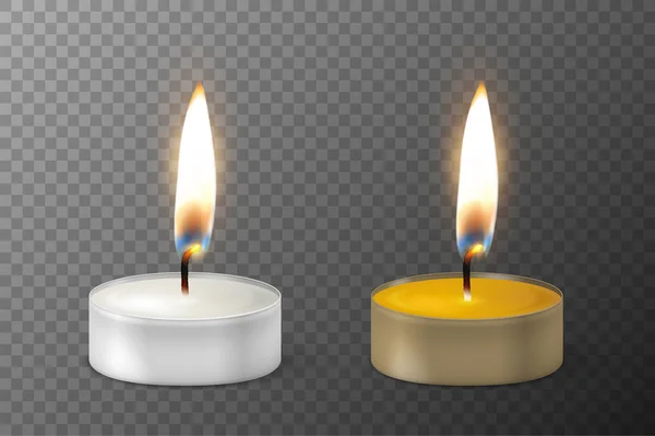 벡터 3d 불타 현실적인 촛불 빛 또는 차 빛 불꽃 아이콘 설정된 근접 촬영 투명도 격자 배경에 고립. 차 촛불 또는 경우에 촛불입니다. 디자인 서식 파일, 클립 아트 그래픽 행복 — 스톡 벡터