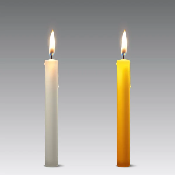 Vector 3d realista parafina blanca y naranja o cera partido candelabro icono conjunto primer plano aislado. Plantilla de diseño, portada para gráficos — Vector de stock