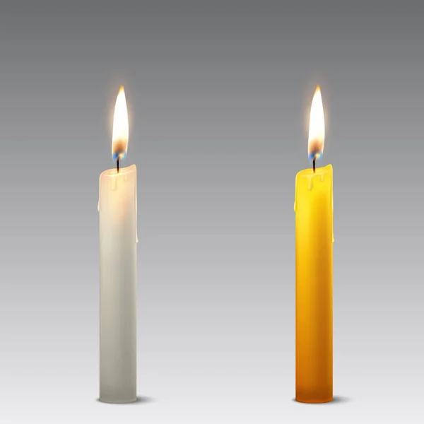 Vector 3d realista parafina blanca y naranja o cera partido candelabro icono conjunto primer plano aislado. Plantilla de diseño, portada para gráficos — Vector de stock