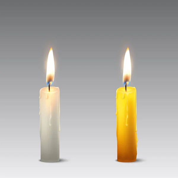 Vector 3D-realistische wit en oranje paraffine of wax branden partij kaars pictogram set close-up geïsoleerd. Ontwerpsjabloon, clipart voor afbeeldingen — Stockvector