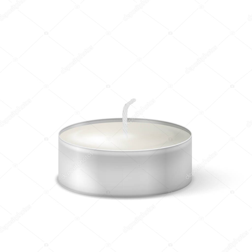 Vector 3d burning realistic candle light or tea light icon closeup isolated on white background. Tea candle or candle in a case. Design template, clipart for graphics. Happy Diwali festival, birthday