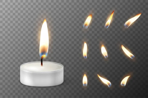 Вектор 3d горит реалистичные свечи или чайный свет и различные пламя иконки свечи установлен крупным пламенем изолированы на прозрачном фоне сетки. Чай свечи или свечи в футляре. Шаблон проекта — стоковый вектор