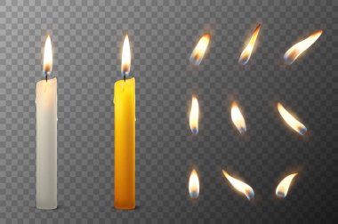 3D gerçekçi beyaz ve turuncu parafin vektör veya parti mum ve bir mum simge kümesi closeup saydamlık ızgara arka plan üzerinde izole ve farklı alev yanan balmumu. Tasarım şablonu, clipart için