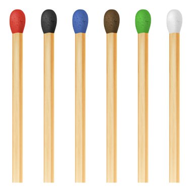 Vektör beyaz arka plan üzerinde izole 3d gerçekçi renkli maç sopa simge kümesi, portre. Kırmızı kafa, siyah, mavi, kahverengi, yeşil, beyaz. Tasarım şablonu, grafik clipart