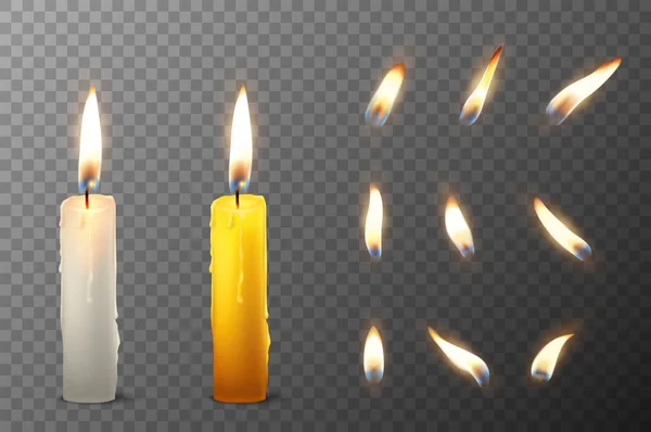 Vektorové 3d realistické bílé a oranžové parafínu nebo vosk hořící svíčka strana a různé plamen svíčka ikonu nastavit detailní izolované na pozadí mřížky průhlednosti. Šablona návrhu, kliparty pro — Stockový vektor