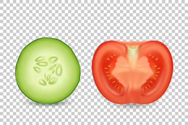 Vektor 3D realistische Scheibe saftige Gurken und Tomaten in einem Schnitt-Symbol gesetzt Nahaufnahme isoliert auf Transparenzgitter Hintergrund. Hälfte eines Gemüses. Designvorlage, Cliparts für Grafiken — Stockvektor