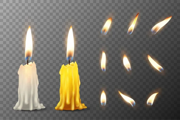 Vector 3d realistico bianco e arancione paraffina o cera bruciando partito candela o ceppo di candela e fiamma diversa di un'icona di candela impostare primo piano isolato su sfondo griglia di trasparenza. Modello di progettazione — Vettoriale Stock