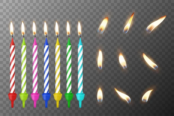 Vektor 3d realistiska olika födelsedag part colofful vax paraffin brinnande tårta ljus och olika lågan av en ljus ikonen Ange närbild isolerade på öppenhet rutnät bakgrund. Formgivningsmall — Stock vektor