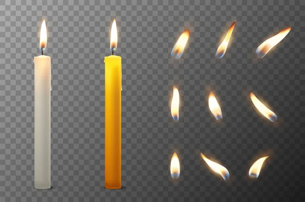 Вектор 3d реалистичный белый и оранжевый парафин или воск зажигания свечи партии и различные пламя иконки свечи установить крупным пламенем изолированы на прозрачном фоне сетки. Дизайн шаблона, клипарт для — стоковый вектор