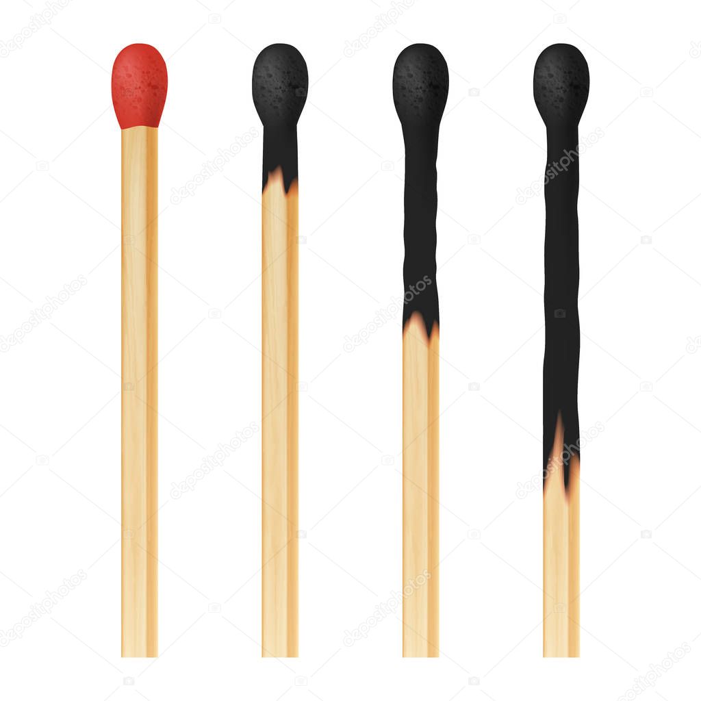 Vector 3d realistic colorful match stick icon set, closeup isolated on white background. Whole and burnt matchstick. Stages of burning the match. Symbol of ignition, burning and withering. Design