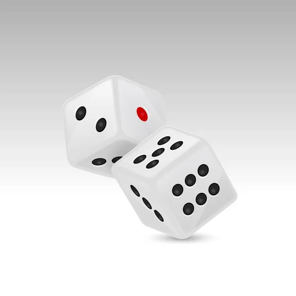 Vector illustration of white realistic game dice icon in flight closeup isolated on white background. Casino gambling design template for app, web, infographics, advertising, mock up etc — Stock Vector