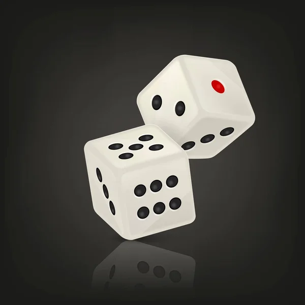 Vector illustration of white realistic game dice icon in flight closeup on black background. Casino gambling design template for app, web, infographics, advertising, mock up etc — Stock Vector