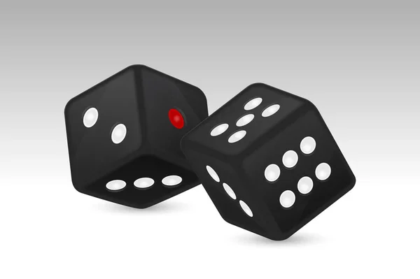 Vector illustration of black realistic game dice icon in flight closeup isolated on white background. Casino gambling design template for app, web, infographics, advertising, mock up etc — Stock Vector