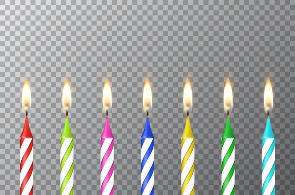 Vector bakgrund med 3d realistiska olika födelsedag part colofful vax paraffin bränna kakan candle in närbild isolerad på öppenhet rutnät. Formgivningsmall, clipart för grafik — Stock vektor