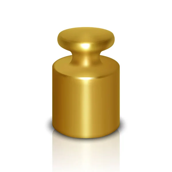 Vector 3d Realistic Metal Golden Calibration Laboratory Weight Icon with Reflection Closeup Isolated on White Background. Design Template of Little Weight for Mechanical Jewelry Scales. Front View — Stock Vector