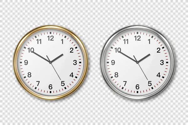Vektor 3d Realistické Classic Metal Silver Wall Office Clock Icon Set Closeup Izolované na průhledném pozadí. Bílé a černé číslo. Navrhnout šablonu pro Mockup. Přední nebo horní pohled — Stockový vektor