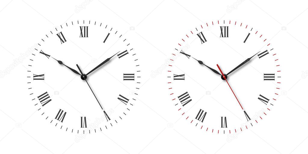 Vector Classic Simple Wall Clock or Watch Dial with Roman Numbers Set Isolated on White Background. Design Template. Front View