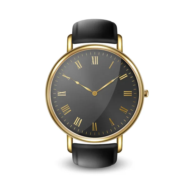 Realistic Golden Classic Vintage Unisex Wrist Watch with Roman Numerals and Black Dial Icon Icon Closeup Isolated on White Background. Дизайн-шаблон металлических наручных часов с черным браслетом из кожи — стоковый вектор