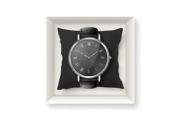 Vector Realistic Silver Classic Vintage Unisex Wrist Watch with Roman Numerals and Black Dial in Box Closeup Isolated on White Background (англійською). Дизайн годинника з чорним шкіряним браслетом — стоковий вектор