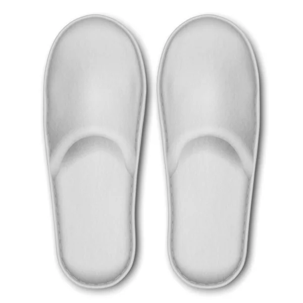 3D Vector Realistic White Detail Blank Hotel Slippers Icon Closeup Terisolasi di White Background. Desain Templat Rumah, Bath Soft Slippers untuk Mock Up. Konsep Pakaian kaki yang nyaman. Tampilan Atas - Stok Vektor