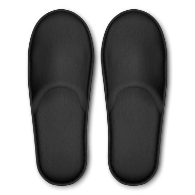 3d Vector Realistik Siyah Detaylı Boş Otel Terlikleri Simgesi Beyaz Arkaplanda tecrit edildi. Ev Tasarım Şablonu, Mock Up için Bath Soft Terlikleri. Rahat Ayakkabı Konsepti. Üst Görünüm