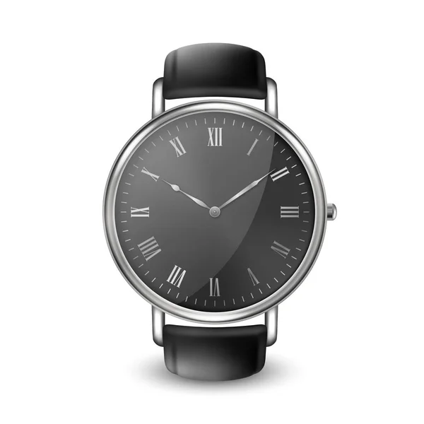 Realisticsilver Steel Gray Classic Vintage náramkové hodinky s římskými číslicemi a černým ciferníkem Ikona Closeup Izolované na bílém pozadí. Design šablony kovových náramkových hodinek s černým koženým náramkem — Stockový vektor