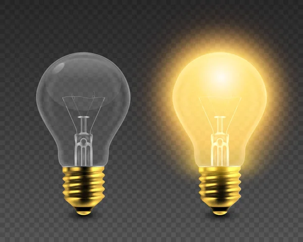 Vector 3d Realistic Turning On and Off Light Bulb Icon Set Closeup Isolated on Transparent Background. Glowing Incandescent Filament Lamps. Creativity Idea, Business Innovation Concept. Front View — Stock Vector