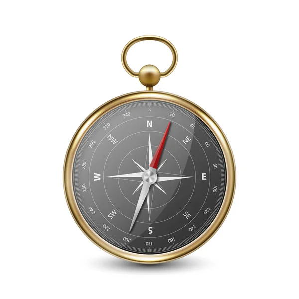 Vector 3d Realistic Metal Golden Antique Old Vintage Compass with Windrose Icon Closeup Isolated on White Background. Black Dial. Design Template. Travel, Navigation Concept. Front View — Stock Vector