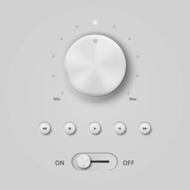 Knob, Control, Buttons, Set ile Gerçekçi Beyaz Plastik Panel Medya Ses Oynatıcı. Dairesel İşlemlerin Tasarım Şablonu, Güç Sesi Oynat, Aç ve Kapat, Başlat, Güç Düğmesine bas. Stok Vektörü