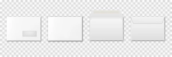 Vektor 3d realistické otevřené a zavřené prázdné bílé kancelářské papírové obálky Ikona Set Closeup Izolované na průhledném pozadí. Navrhnout šablonu pro Mockup. Pohled zepředu a zezadu — Stockový vektor