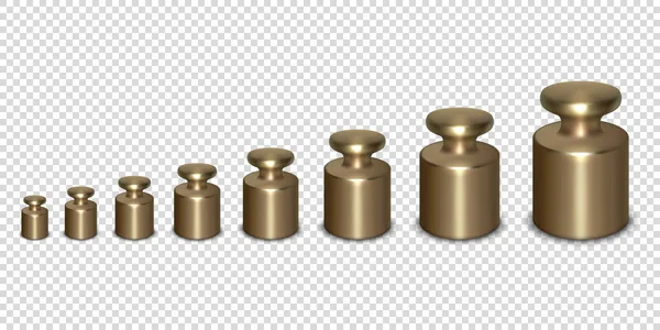 Vector 3d Realistic Metal Calibration Laboratory Weight Különböző méretek ikon Set Closeup Izolált átlátható háttér. Tervezés sablont kis súlyok mechanikai ékszerek mérlegek — Stock Vector