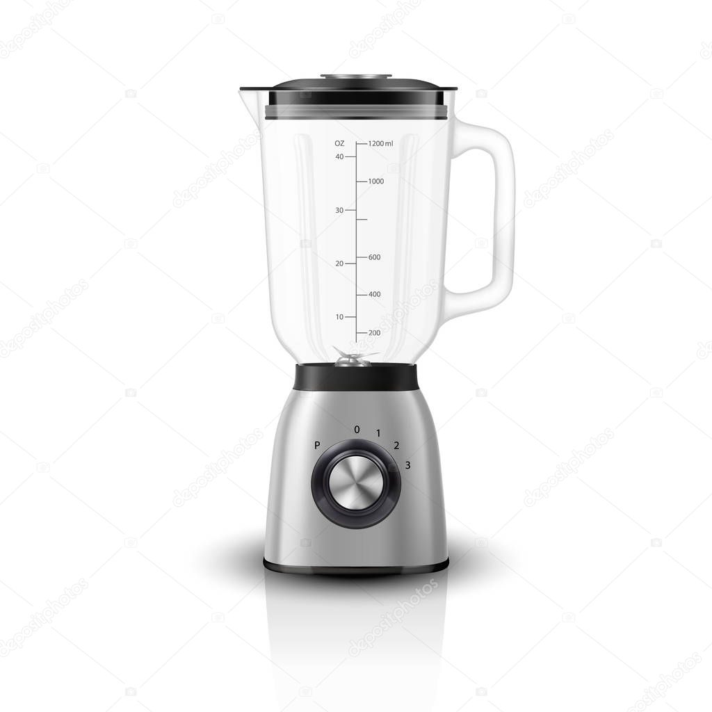 Vector 3d Realistic Electric Silver Steel Chrome Juicer Blender Appliance with Glass Container Icon Closeup Isolated on White Background. Design Template, Health Food and Drink Concept