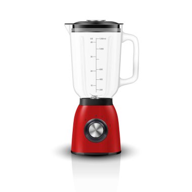 Vektör 3d Gerçekçi Kırmızı Meyve Suyu Karıştırıcı Aygıtı ile Cam Kutu Simgesi Kapanışı Beyaz Arkaplan 'da izole edildi. Tasarım Şablonu, Sağlık Gıda ve İçecek Konsepti