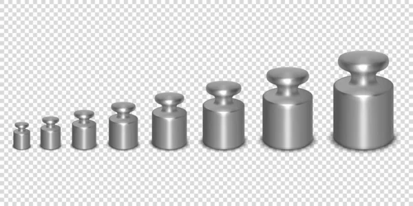 Vektor 3D realistische Metallkalibrierung Labor Gewicht verschiedene Größen Symbol-Set Nahaufnahme isoliert auf transparentem Hintergrund. Design-Vorlage für kleine Gewichte für mechanische Schmuckwaagen — Stockvektor