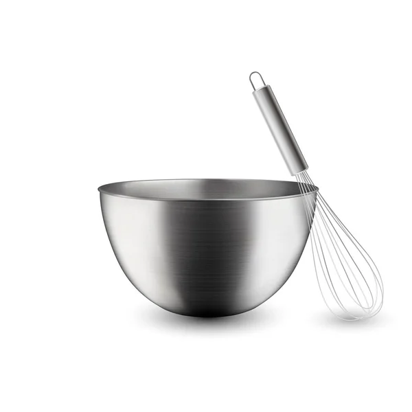 Vecteur Acier Réaliste 3d, Chrome, Silver Metal Hemisphere Circle Bowl et Whisk Closeup Isolé sur fond blanc. Ustensiles pour cuisines. Modèle de conception, concept d'aliments et de boissons santé — Image vectorielle