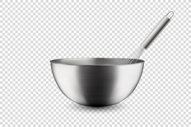 Vektör 3d Gerçekçi Çelik, Krom, Gümüş Metal Yarımküre Çember Kasesi ve Çırpma Kapanışı Şeffaf Arkaplanda izole edildi. Mutfak aletleri için. Tasarım Şablonu, Sağlık Gıda ve İçecek Konsepti