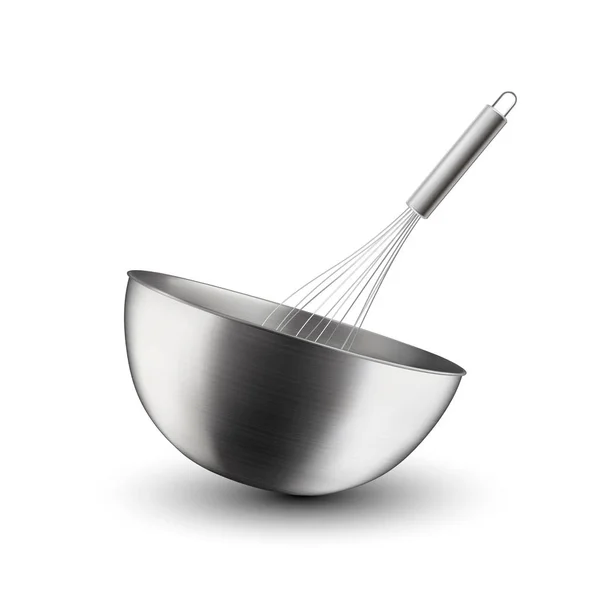 Vecteur Acier Réaliste 3d, Chrome, Silver Metal Hemisphere Circle Bowl et Whisk Closeup Isolé sur fond blanc. Ustensiles pour cuisines. Modèle de conception, concept d'aliments et de boissons santé — Image vectorielle