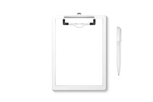 Portapapeles blanco realista vectorial 3d con papel en blanco, clip de metal, pluma automática establecer primer plano aislado sobre fondo blanco. Plantilla de diseño para Notas, Mockup, Lista de verificación, Cuestionario, Recordatorios — Vector de stock