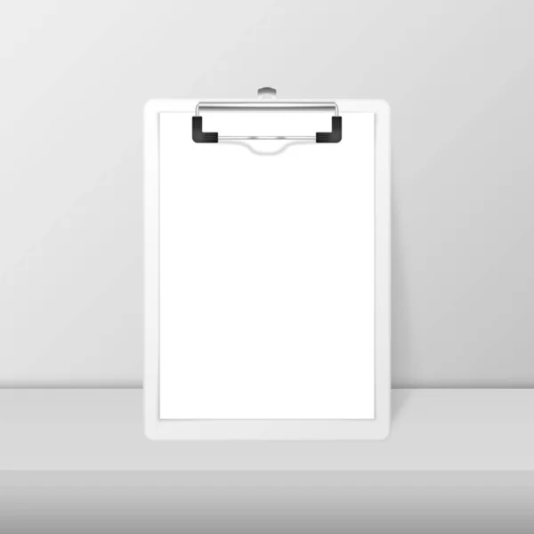 Vector 3d Realistic White Clipboard com papel em branco e clipe de metal. Modelo de Design para Notas, Mockup, Checklist, Questionário, Lembretes. Vista frontal — Vetor de Stock
